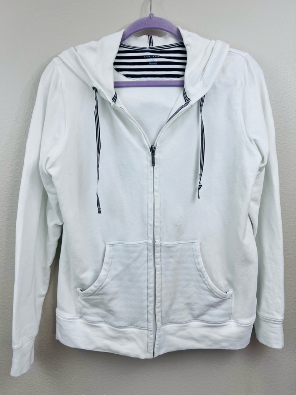 Lands End Full Zip Hoodie Womens S White Jacket Navy Lined Hood Nautical Coastal